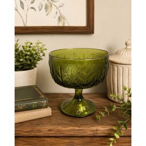 1978 FTD Green Glass Oak Leaf Footed Pedestal Stem Round Bowl Vase Dish vtge